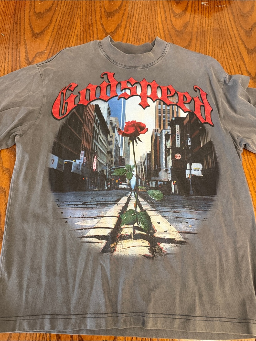 Godspeed Long Sleeve Graphic Tee - Gray with Red Rose Print